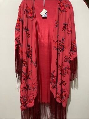 Free People Raspberry Red Floral Embroidered Fringe Kimono